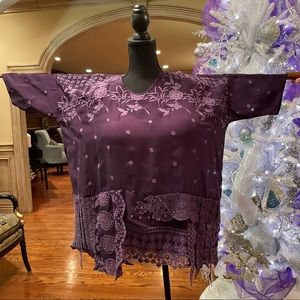 JOHNNY WAS DARK PURPLE LACE TRIM BOXY BLOUSE SIZE M